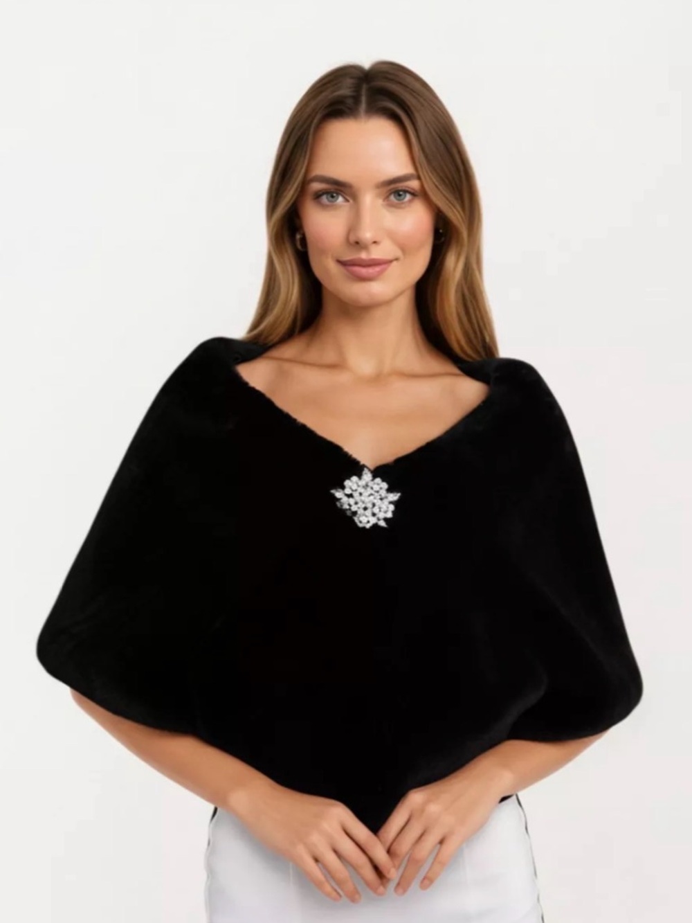 Anna-Kaci Black Faux Fur Capelet Poncho with Brooch New